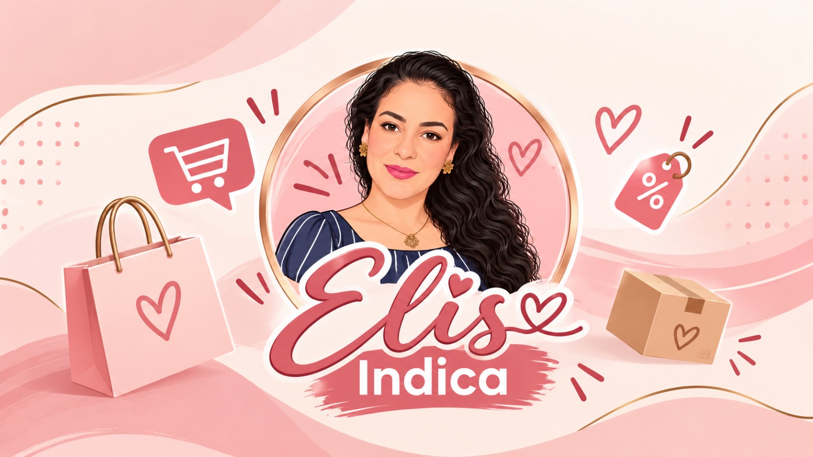 Elis Indica: ilustração da Elis cercada por sacolas, corações e uma etiqueta de promoção.